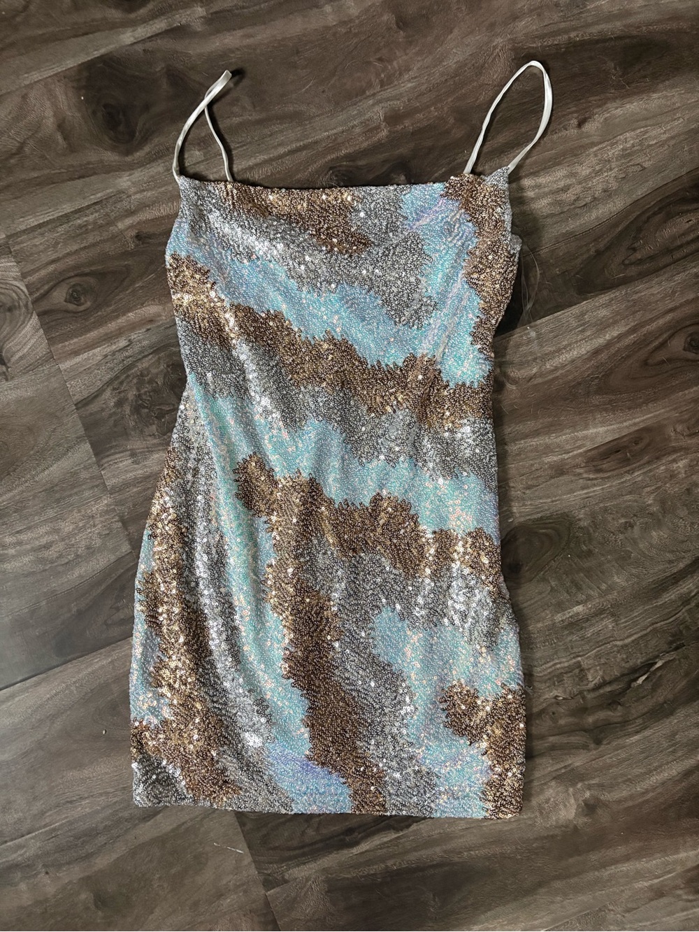 Crystal Doll Sequin Spaghetti Strap Mini Dress in Blue and Brown